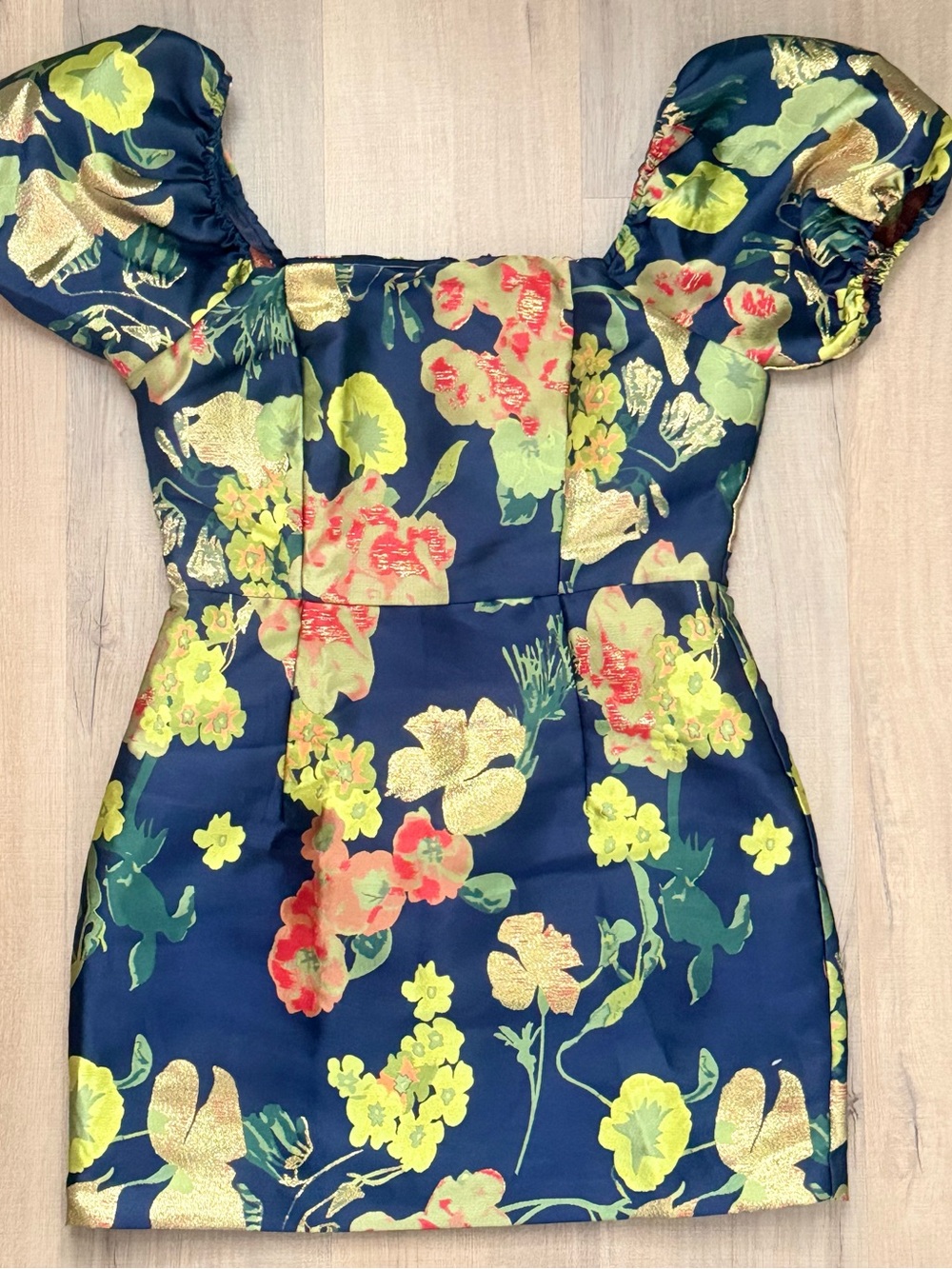 Lulus Navy Sparkly Floral Puff Sleeve Evening Formal Party Mini Women’s Dress